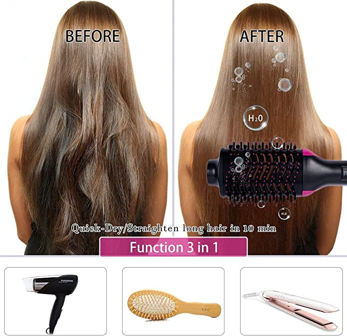One Step Hot Air Brush,3 in 1 Hair Dryer & Volumizer for Hair Straightening, Curling and Styling，Reduce Frizz and Static, Black